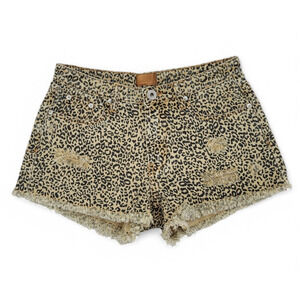 POL Leopard Print Denim Shorts Women’s Distressed Raw Hem High Rise‎ Grunge Y2K